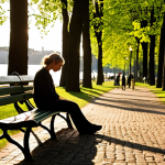 **Image Prompt:** A serene park scene in Stockholm. A person is sitting on a park bench, eyes closed, taking deep breaths. Sunlight filters through the trees, creating dappled shadows. In the background, blurred figures stroll by, and the faint sound of city life can be heard. Focus on conveying a sense of calm and mindful presence amidst urban life.