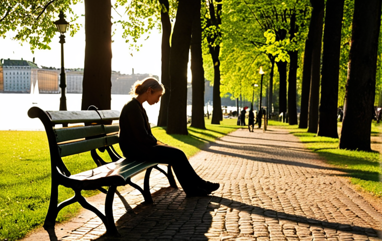 **Image Prompt:** A serene park scene in Stockholm. A person is sitting on a park bench, eyes closed, taking deep breaths. Sunlight filters through the trees, creating dappled shadows. In the background, blurred figures stroll by, and the faint sound of city life can be heard. Focus on conveying a sense of calm and mindful presence amidst urban life.