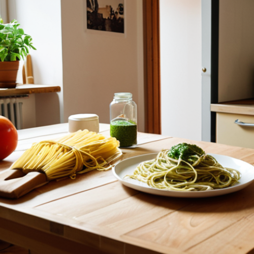 **Image Prompt:** A cozy Airbnb apartment in a trendy Berlin neighborhood, showcasing a small kitchen where a person is preparing a simple meal with fresh pasta and pesto. The scene should evoke a sense of budget-friendly, local immersion, highlighting the joy of cooking while traveling. Natural lighting, warm tones.