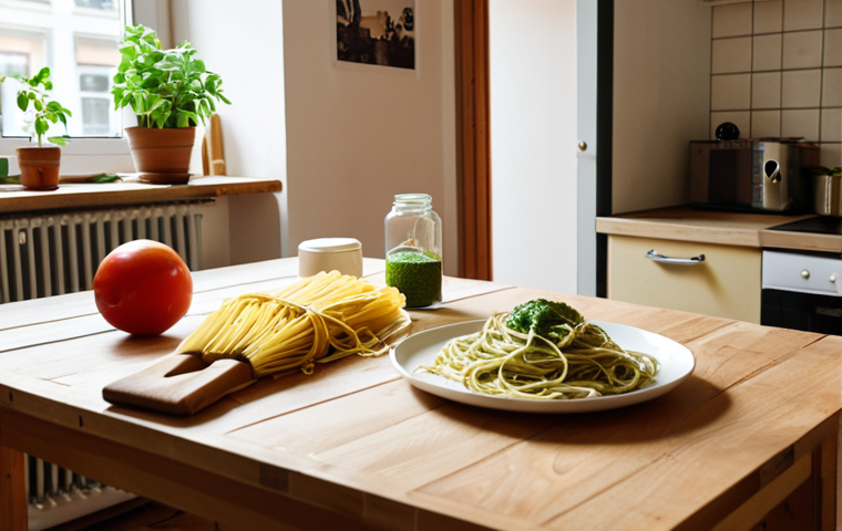 **Image Prompt:** A cozy Airbnb apartment in a trendy Berlin neighborhood, showcasing a small kitchen where a person is preparing a simple meal with fresh pasta and pesto. The scene should evoke a sense of budget-friendly, local immersion, highlighting the joy of cooking while traveling. Natural lighting, warm tones.